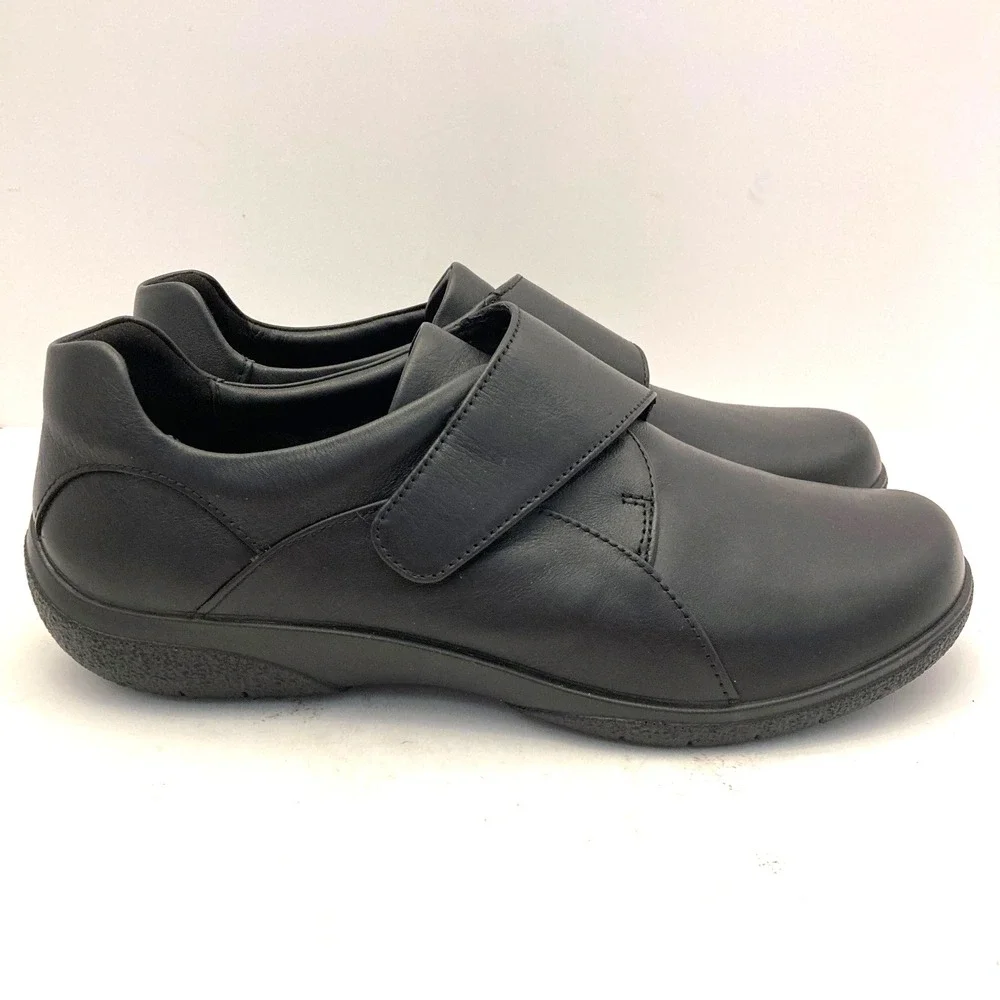 Hotter Sugar II Shoes Womens 11 Wide EXF Hook Loop Close Monkstrap Black Leather